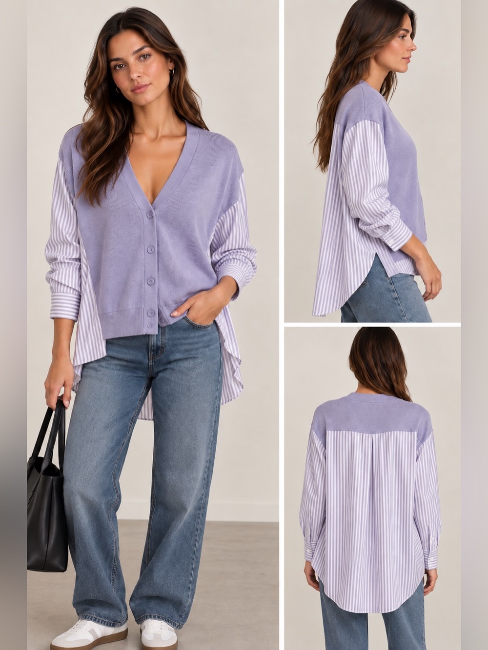 English Factory Lavender Mixed Media Stripe Shirt Cardigan Size L